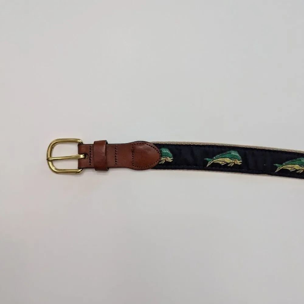 Vintage Leather Man Hand Made Essex CT Mahi Mahi Fish Belt Brass Buckle Size 46